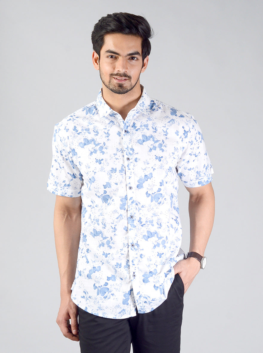 White & Blue Printed Slim Fit Casual Shirt | Greenfibre