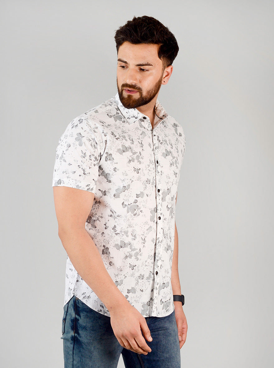 White & Grey Printed Slim Fit Casual Shirt | Greenfibre