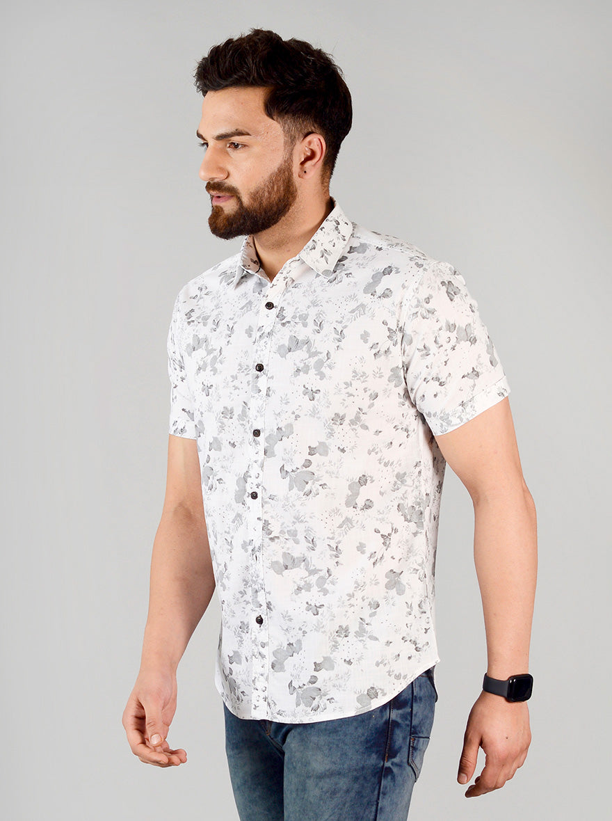 White & Grey Printed Slim Fit Casual Shirt | Greenfibre