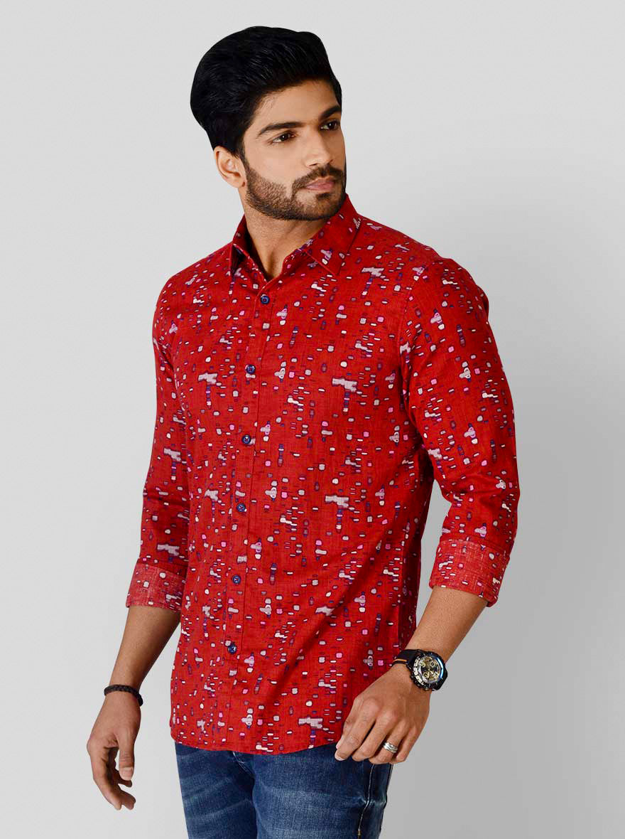 Red Printed Slim Fit Casual Shirt | JB Sport