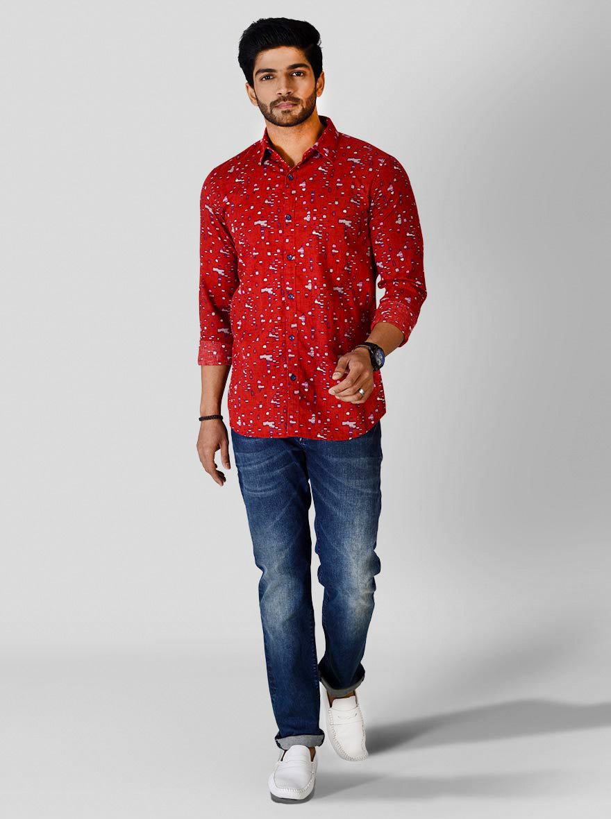 Red Printed Slim Fit Casual Shirt | JB Sport