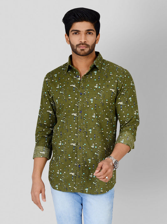 Olive Green Printed Slim Fit Casual Shirt | JB Sport