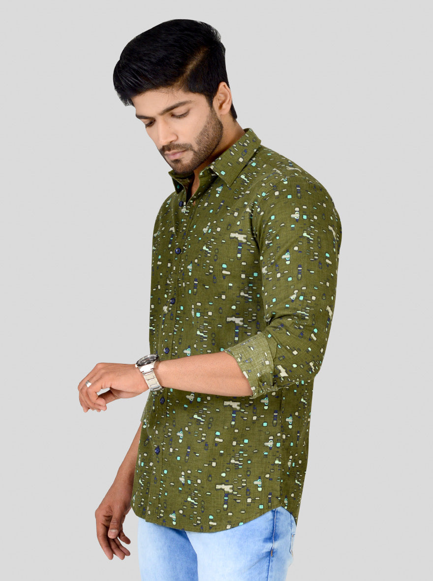 Olive Green Printed Slim Fit Casual Shirt | JB Sport