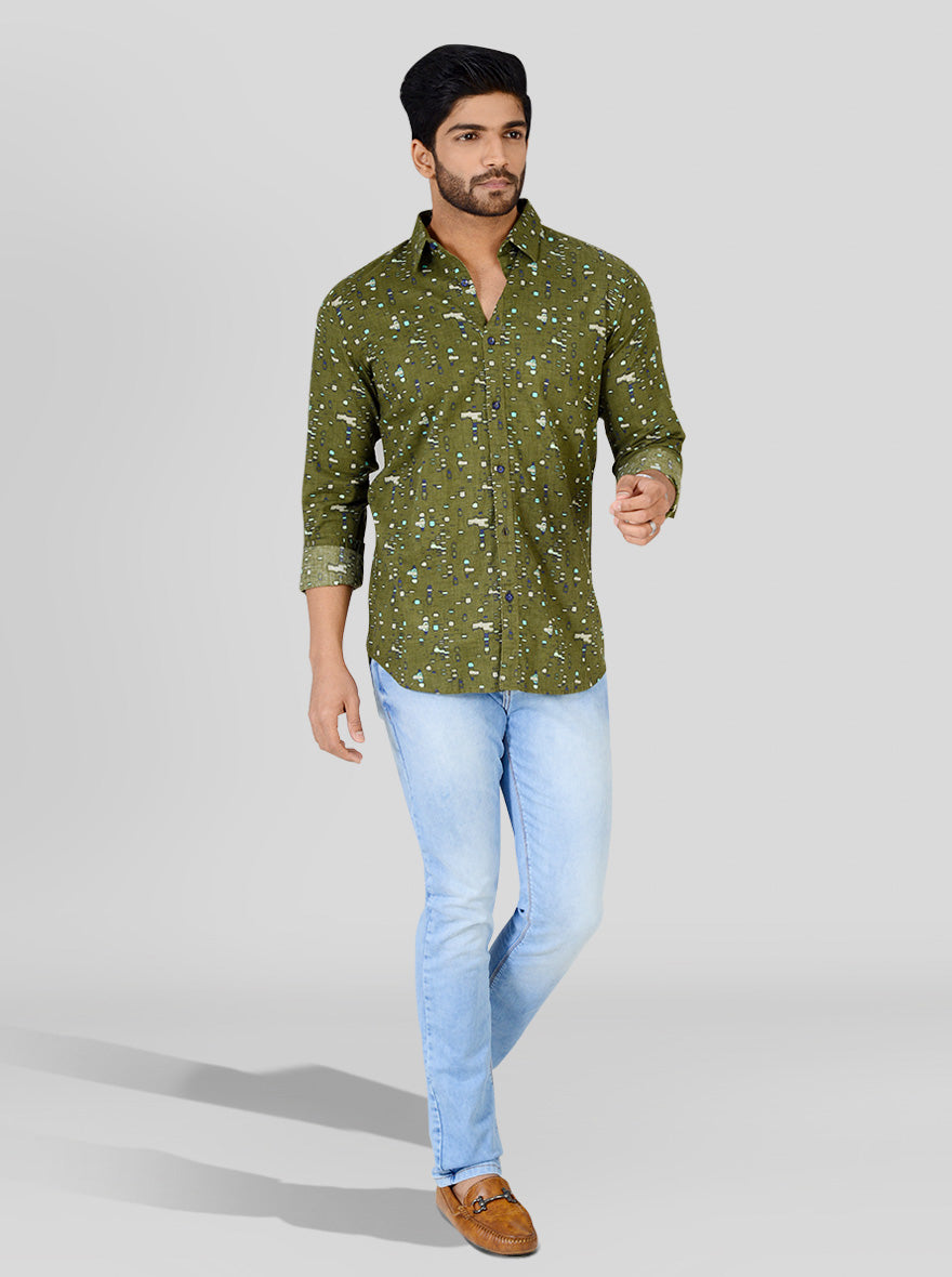 Olive Green Printed Slim Fit Casual Shirt | JB Sport