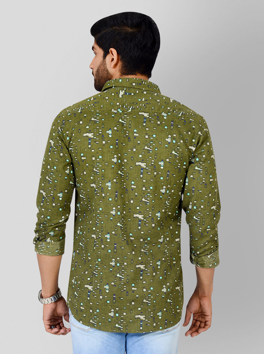 Olive Green Printed Slim Fit Casual Shirt | JB Sport