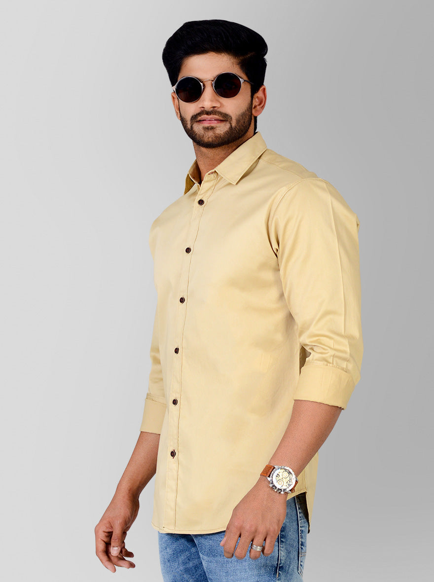 Beige Solid Slim Fit Casual Shirt | Greenfibre