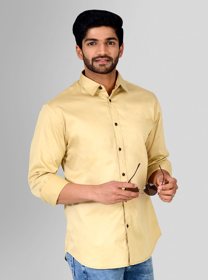 Beige Solid Slim Fit Casual Shirt | Greenfibre