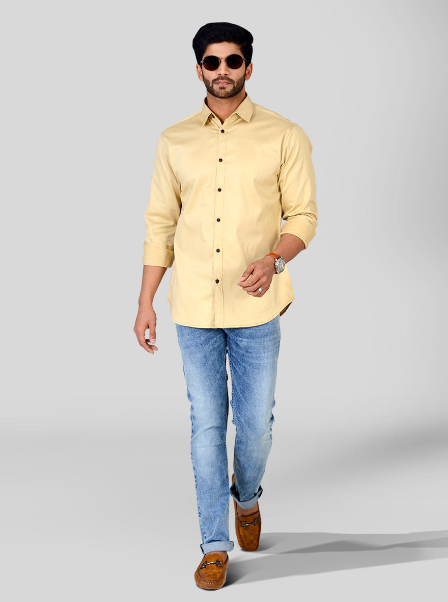 Beige Solid Slim Fit Casual Shirt | Greenfibre