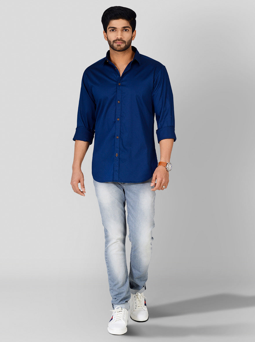 Dark Blue Solid Slim Fit Casual Shirt | Greenfibre