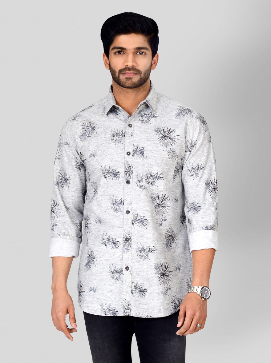 Grey Melange Printed Slim Fit Casual Shirt | Greenfibre