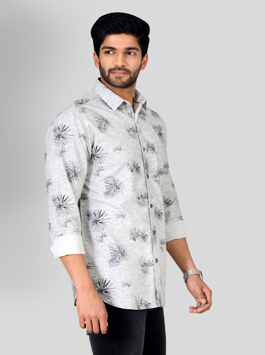 Grey Melange Printed Slim Fit Casual Shirt | Greenfibre