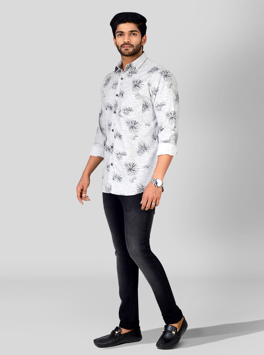 Grey Melange Printed Slim Fit Casual Shirt | Greenfibre