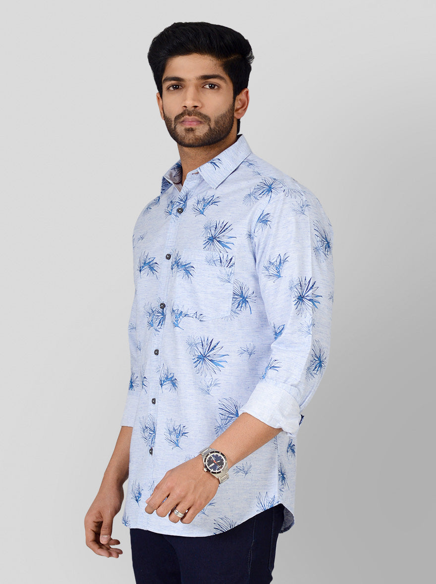 Blue Melange Printed Slim Fit Casual Shirt | Greenfibre