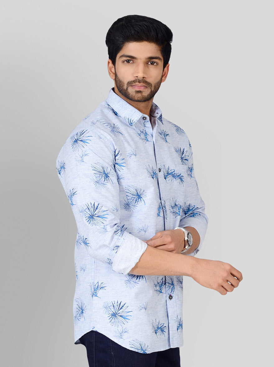 Blue Melange Printed Slim Fit Casual Shirt | Greenfibre