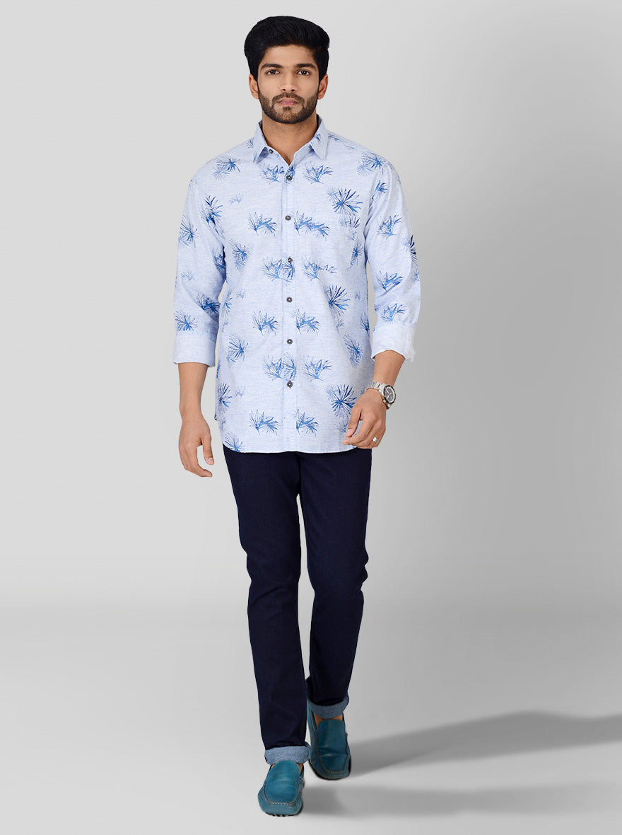 Blue Melange Printed Slim Fit Casual Shirt | Greenfibre