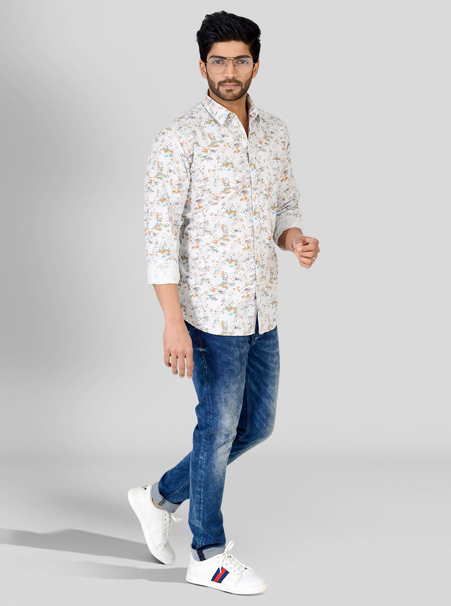 White Printed Slim Fit Casual Shirt | JB Sport