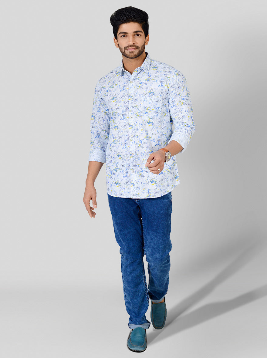 Water Blue Printed Slim Fit Casual Shirt | JB Sport