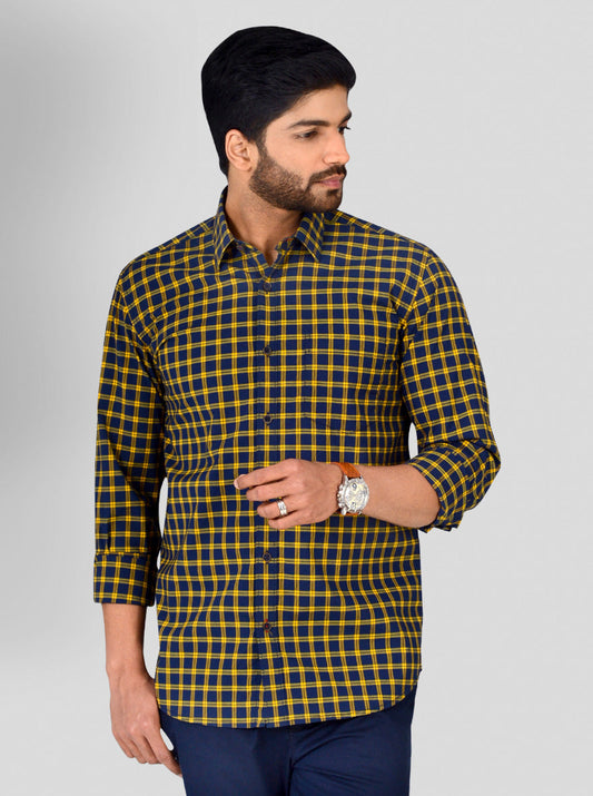 Blue & Yellow Checked Tailored Fit Casual Shirt | JB Sport