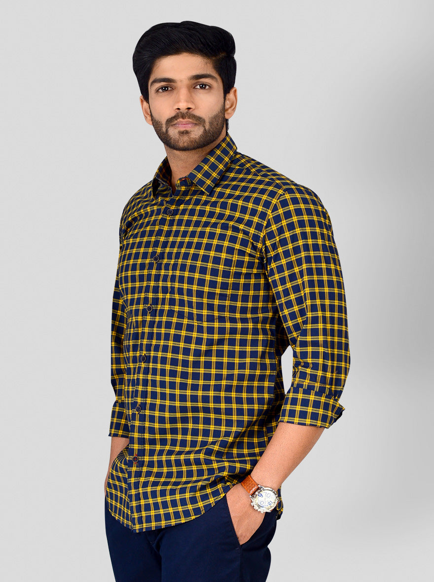 Blue & Yellow Checked Tailored Fit Casual Shirt | JB Sport