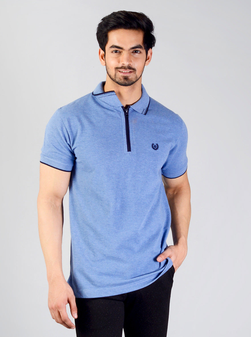 Campunula Blue Solid Slim Fit Polo T-shirt | Greenfibre