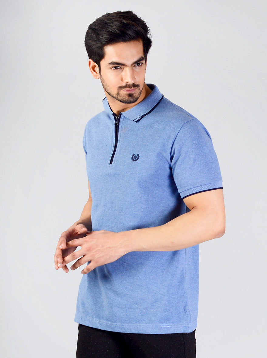 Campunula Blue Solid Slim Fit Polo T-shirt | Greenfibre