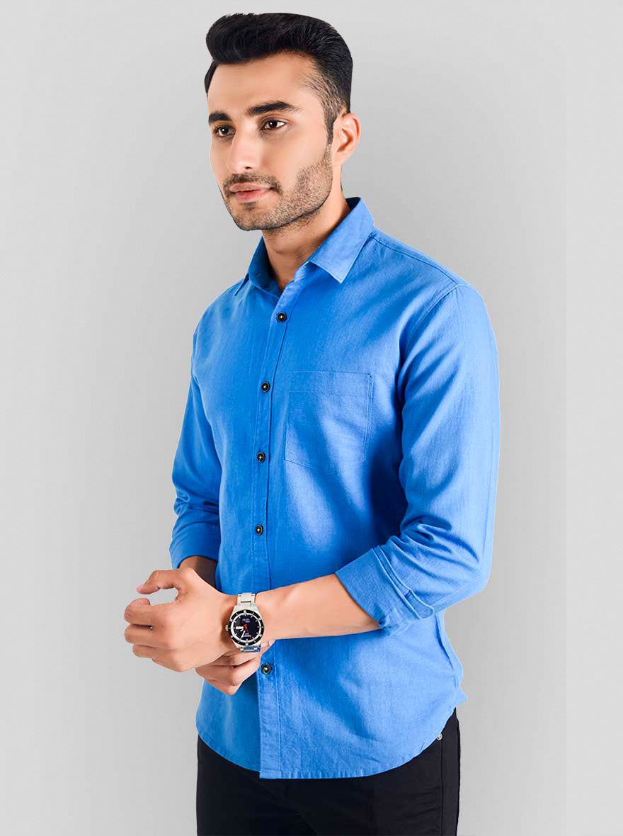 Petrol Blue Solid Slim Fit Casual Shirt | JB Sport