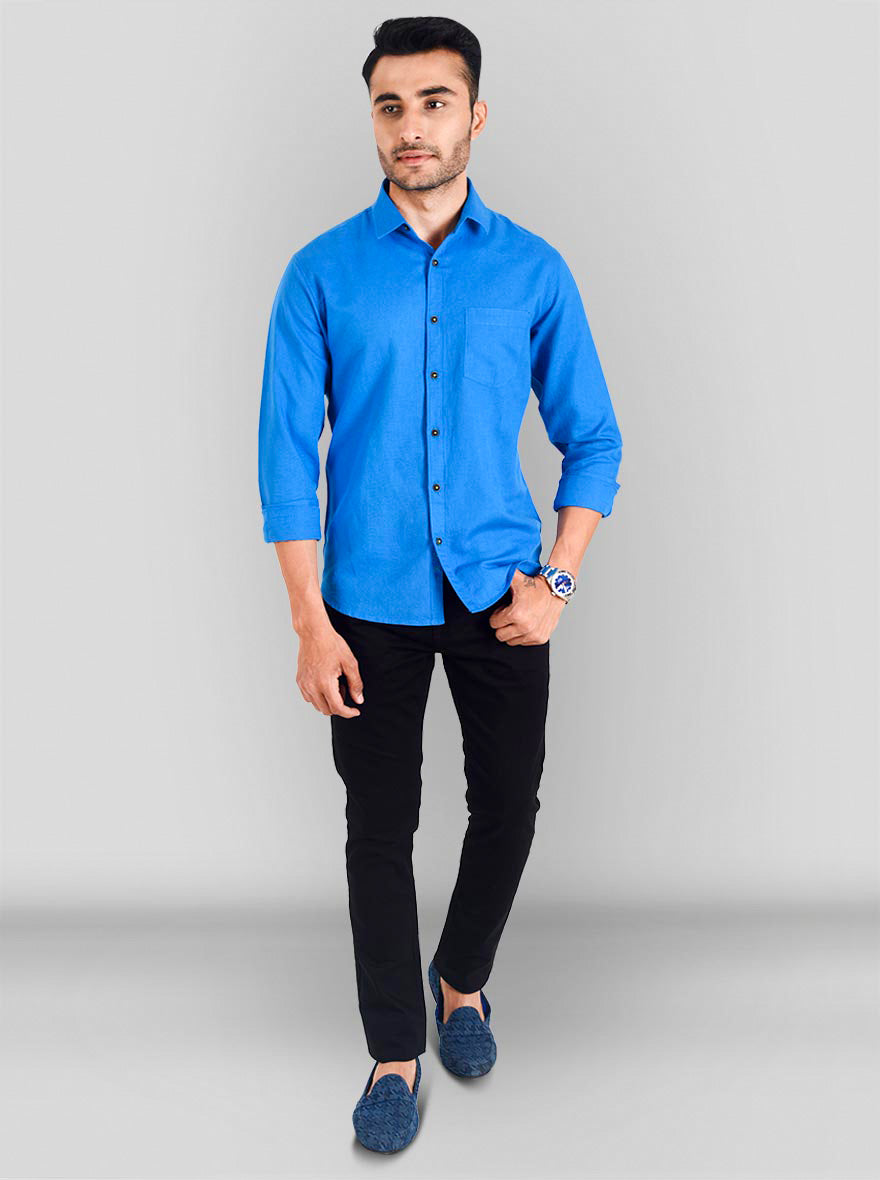 Petrol Blue Solid Slim Fit Casual Shirt | JB Sport