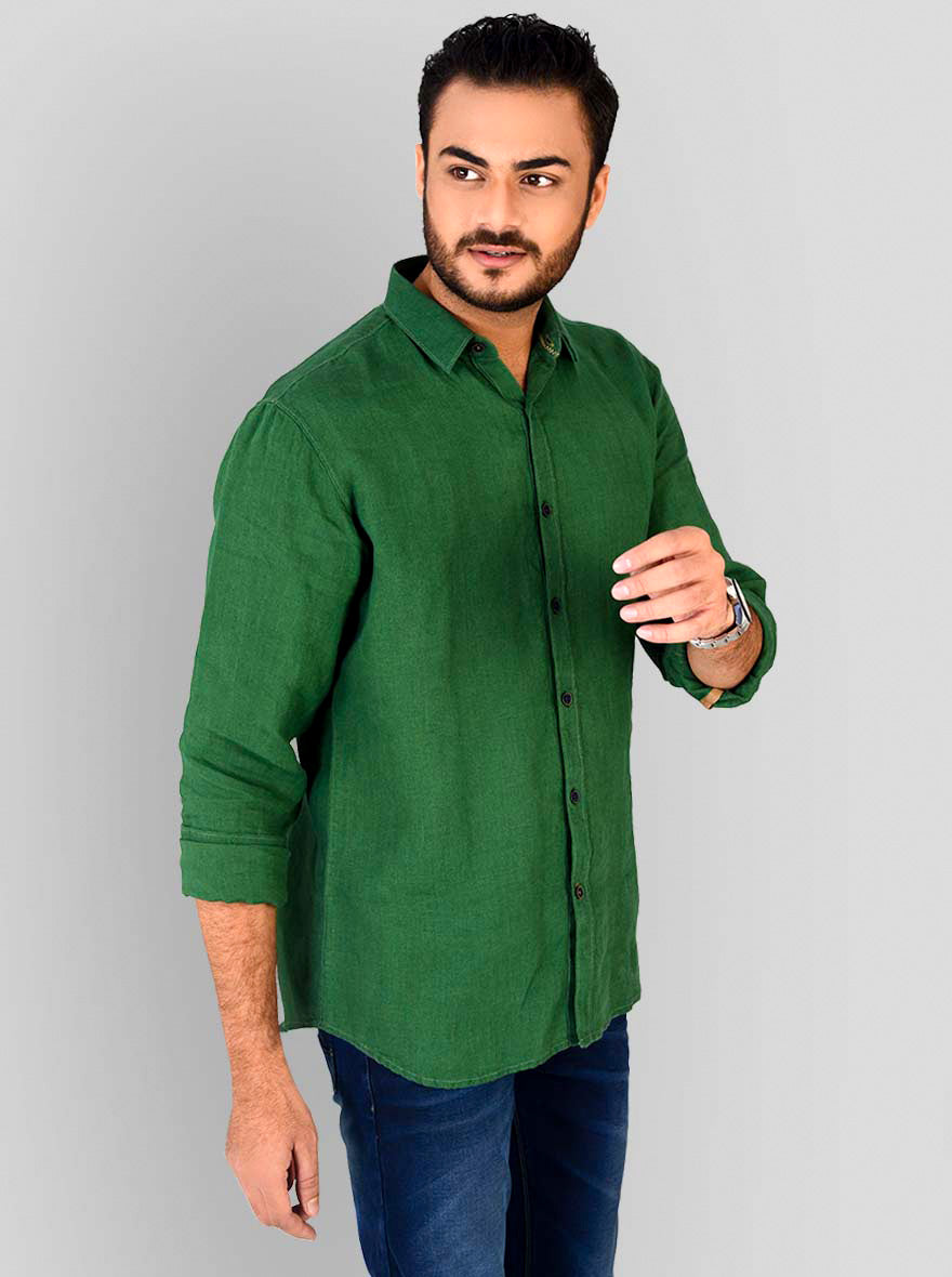 Forest Green Solid Slim Fit Casual Shirt | JB Sport