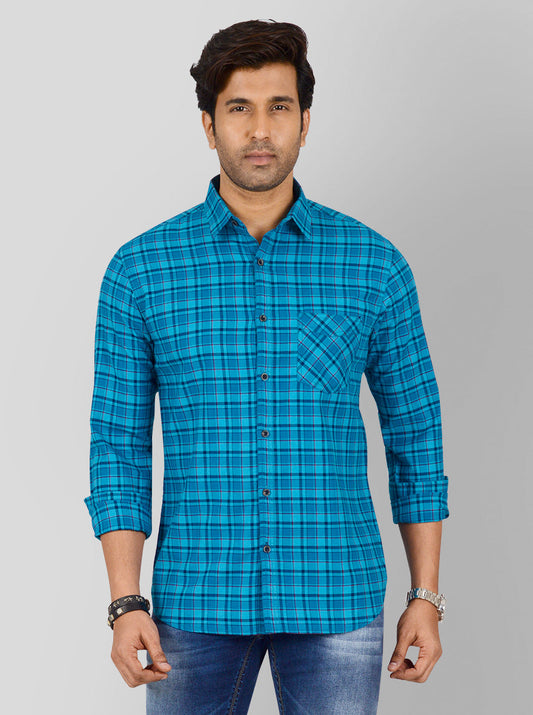 Vivid Blue Checked Slim Fit Casual Shirt | Greenfibre