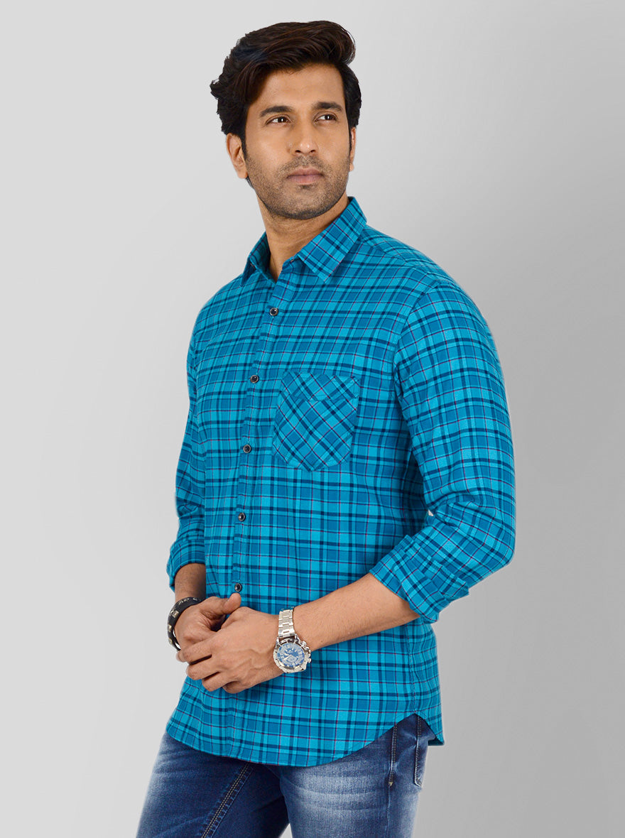 Vivid Blue Checked Slim Fit Casual Shirt | Greenfibre