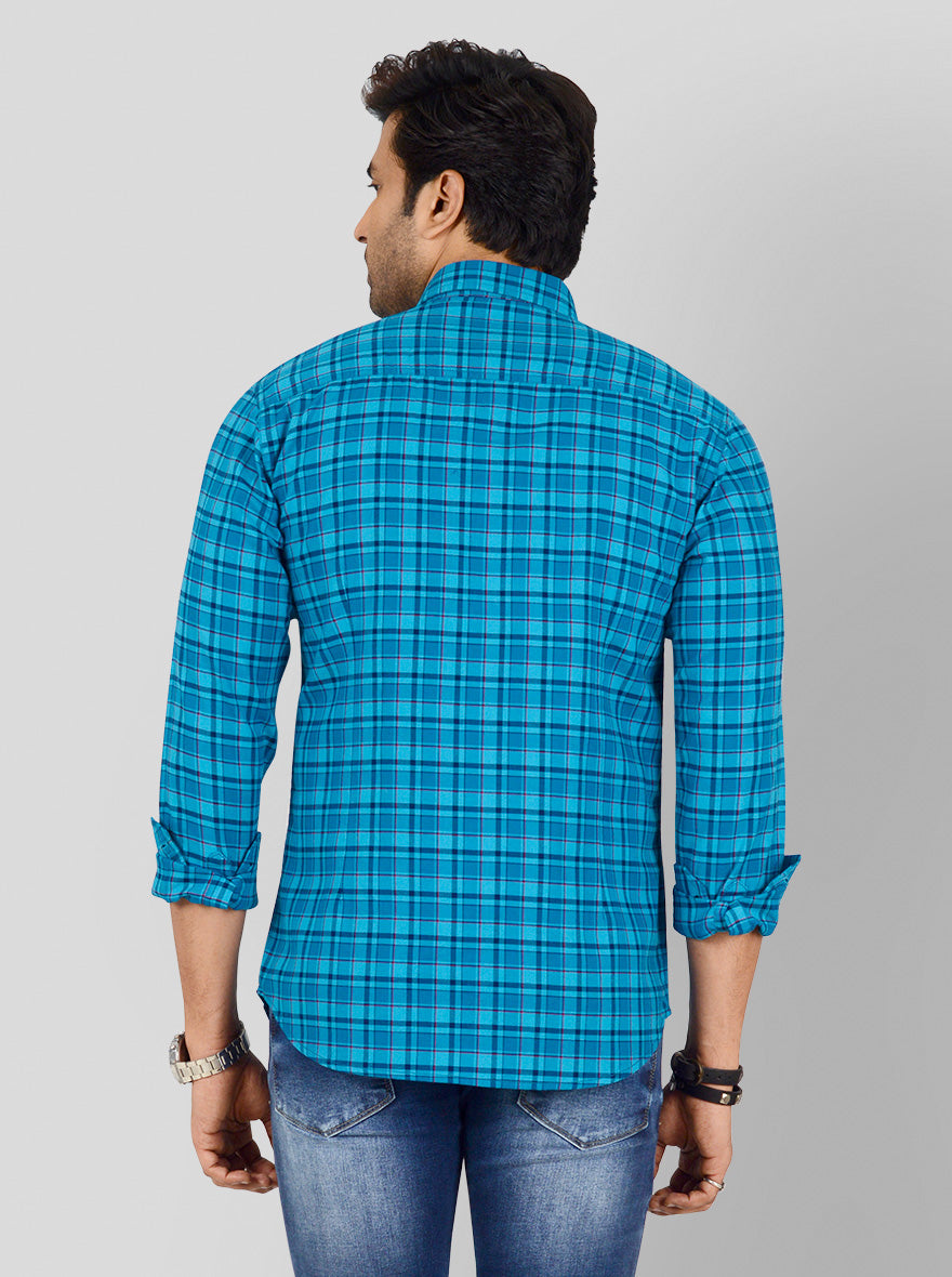 Vivid Blue Checked Slim Fit Casual Shirt | Greenfibre