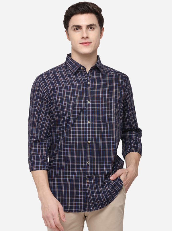 Navy Blue Regular Fit Checked Casual Shirt | Greenfibre