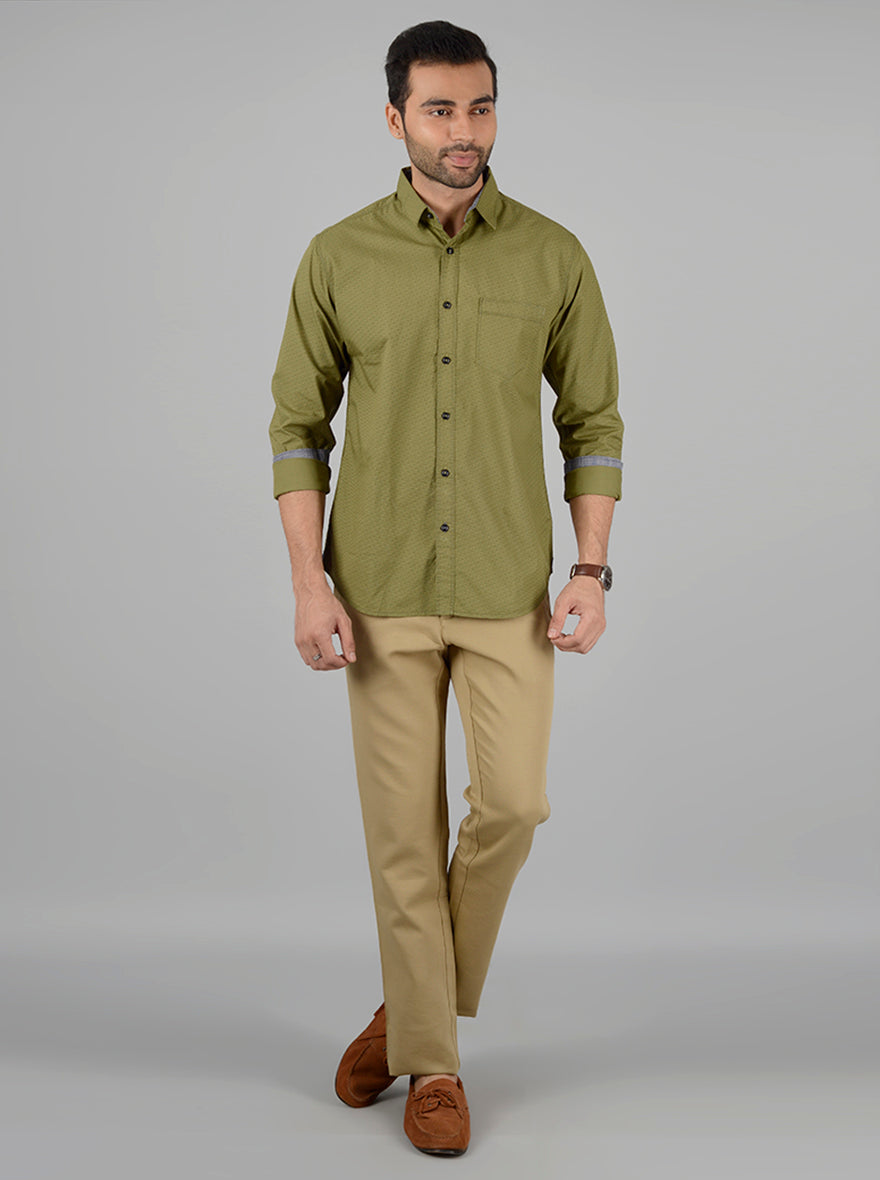 Olive Printed Slim Fit Casual Shirt | Greenfibre
