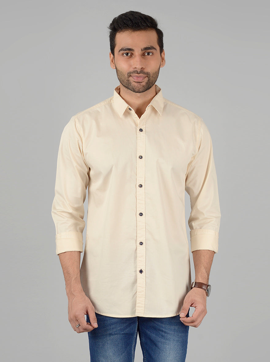 Cream Solid Slim Fit Casual Shirt | JB Sport