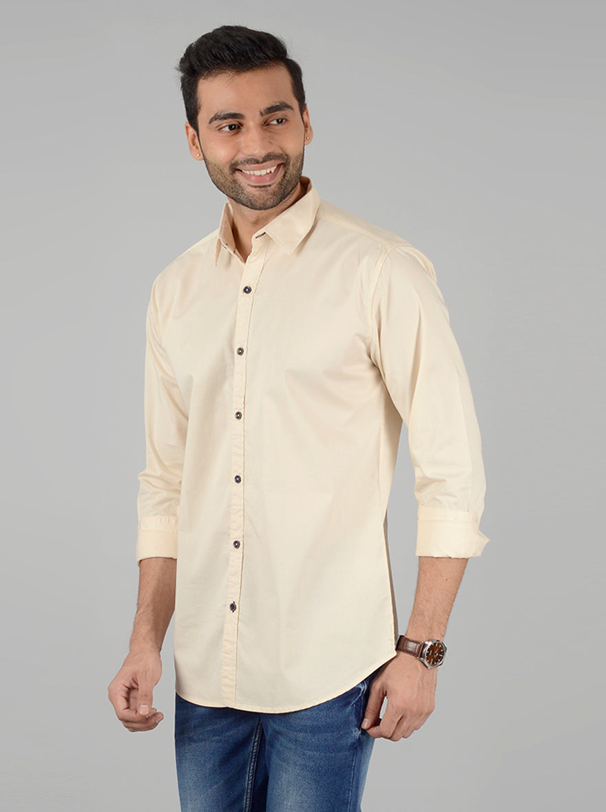 Cream Solid Slim Fit Casual Shirt | JB Sport