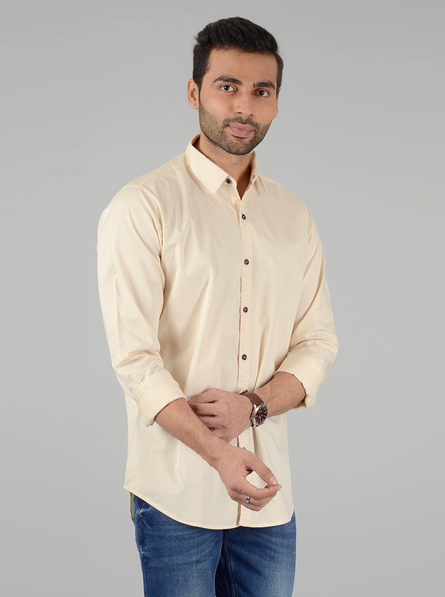Cream Solid Slim Fit Casual Shirt | JB Sport