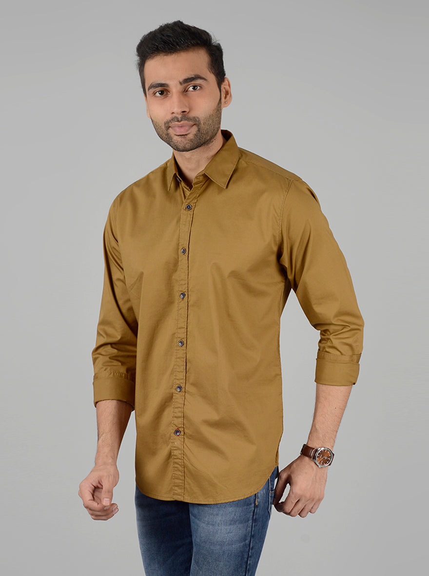 Khaki Solid Slim Fit Casual Shirt | JB Sport
