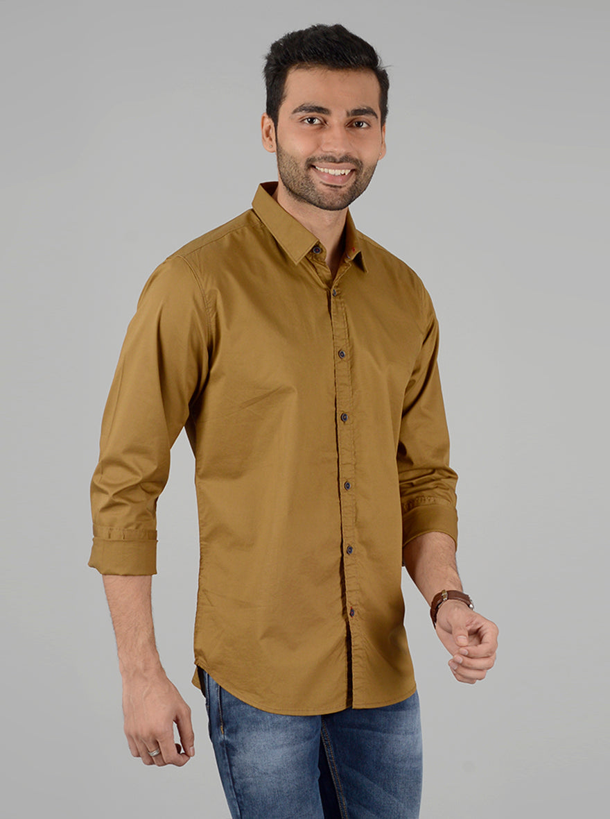 Khaki Solid Slim Fit Casual Shirt | JB Sport