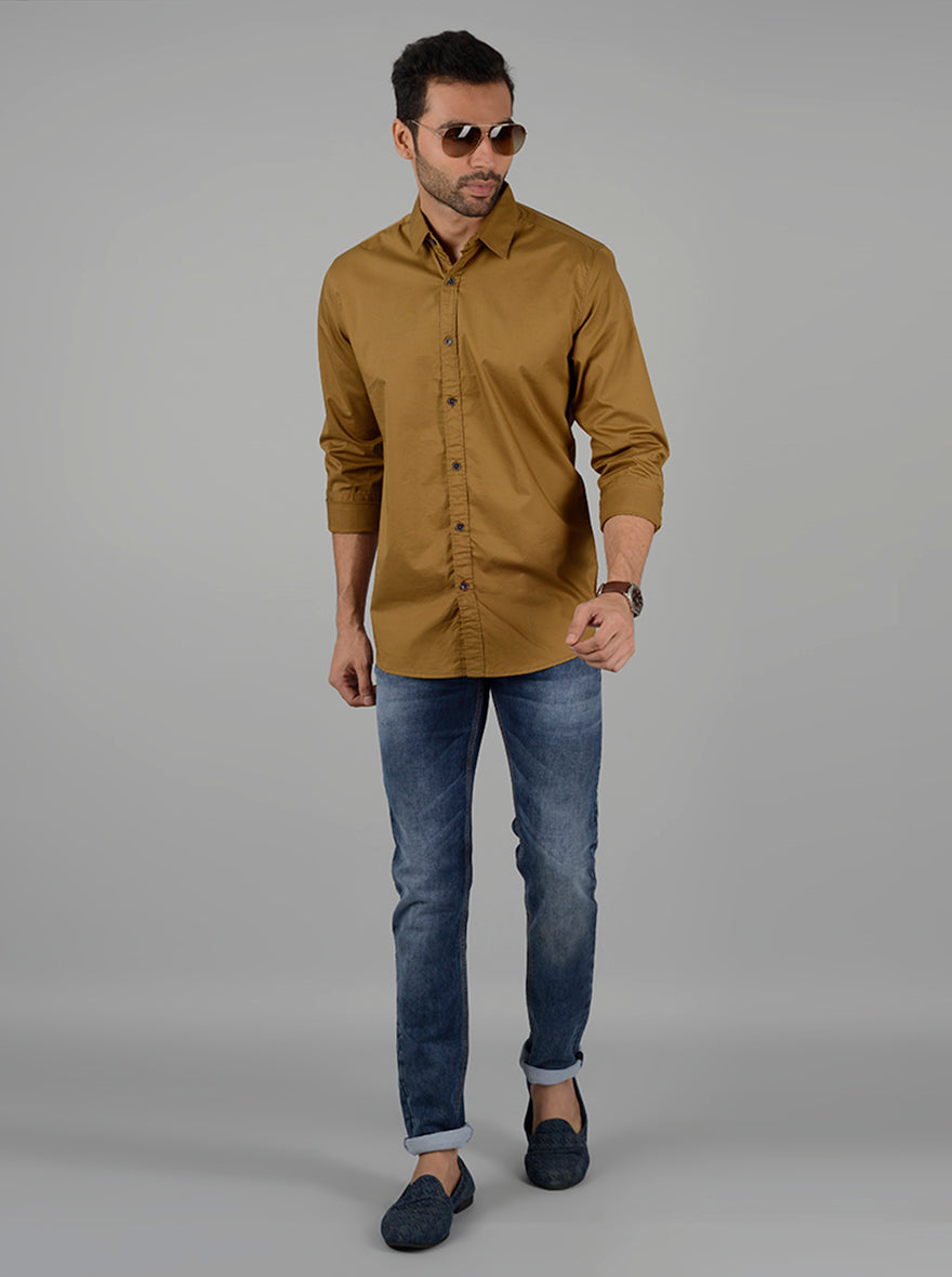 Khaki Solid Slim Fit Casual Shirt | JB Sport