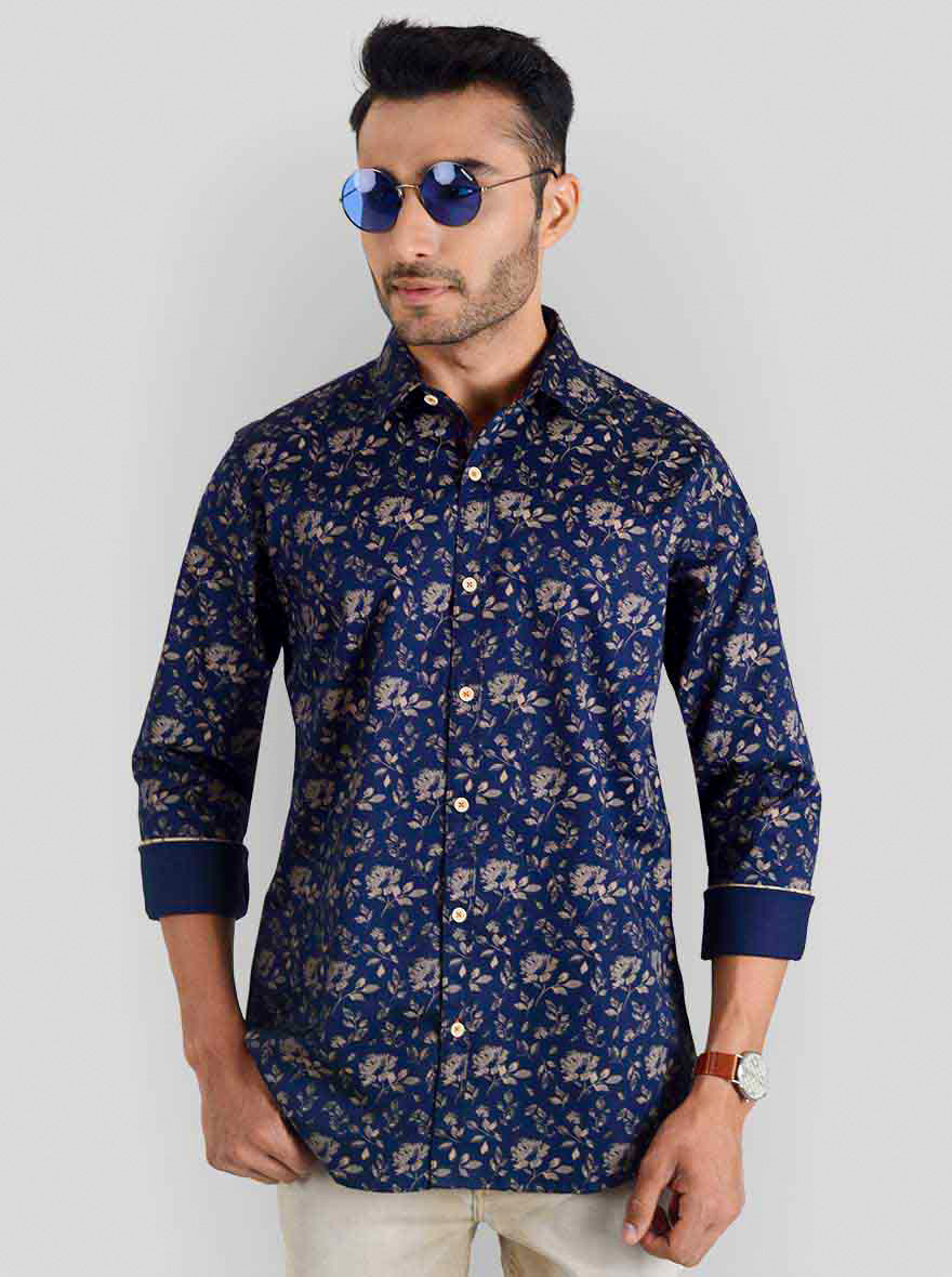 Midnight Navy Printed Slim Fit Casual Shirt | JB Sport