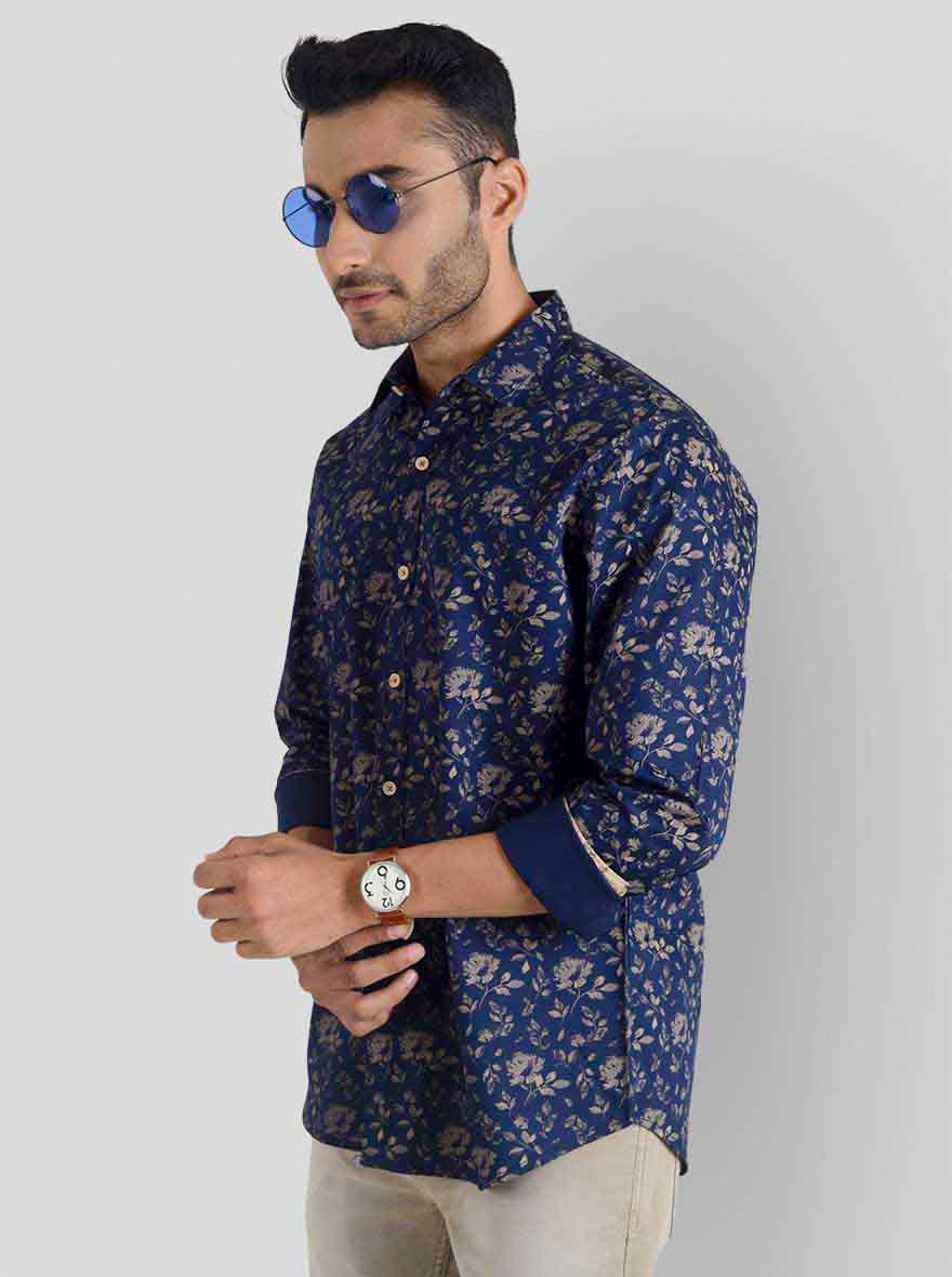 Midnight Navy Printed Slim Fit Casual Shirt | JB Sport