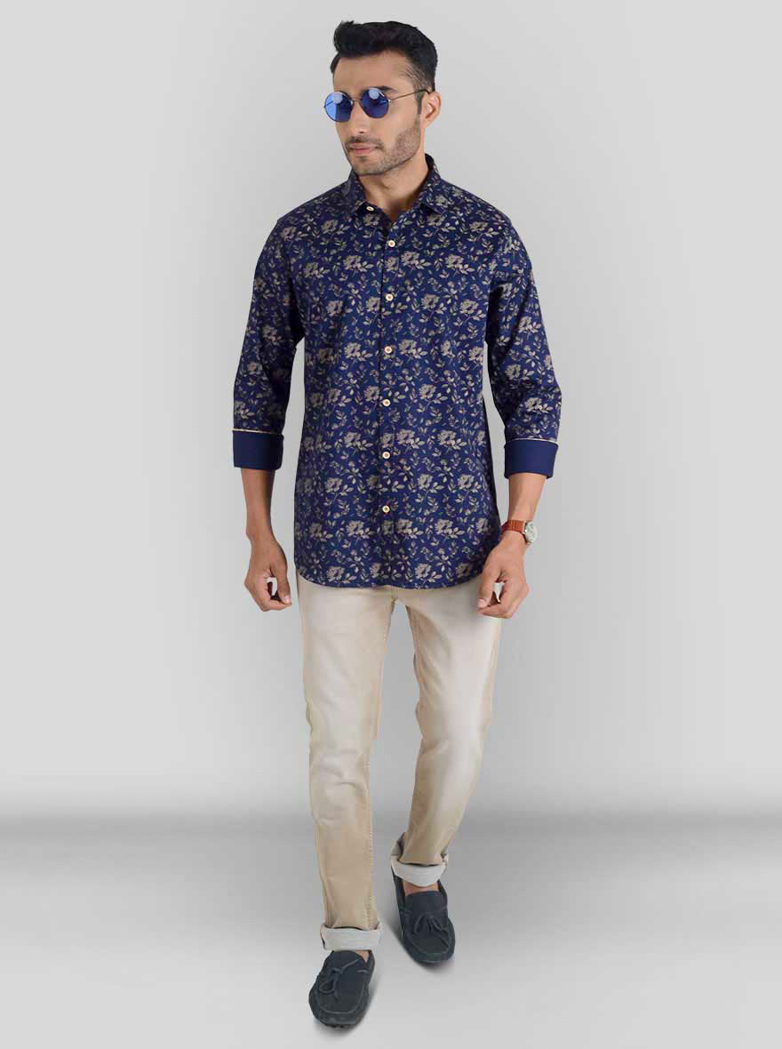 Midnight Navy Printed Slim Fit Casual Shirt | JB Sport