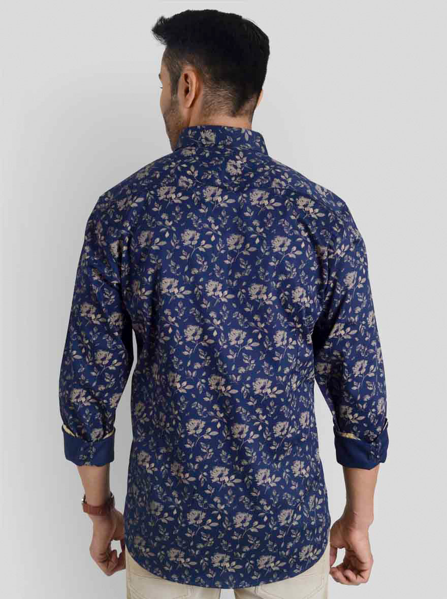 Midnight Navy Printed Slim Fit Casual Shirt | JB Sport