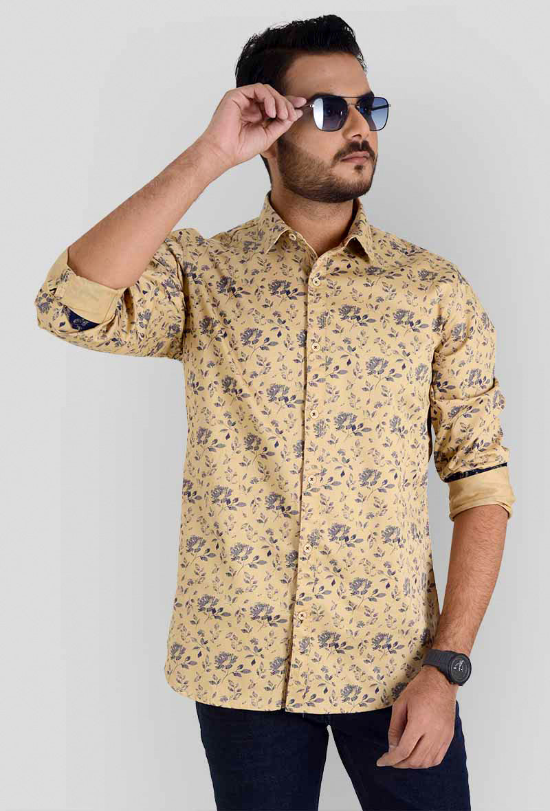 Light Khaki Printed Slim Fit Casual Shirt | JB Sport