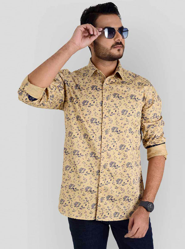Light Khaki Printed Slim Fit Casual Shirt | JB Sport