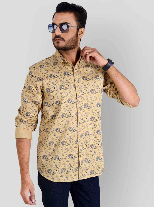 Light Khaki Printed Slim Fit Casual Shirt | JB Sport