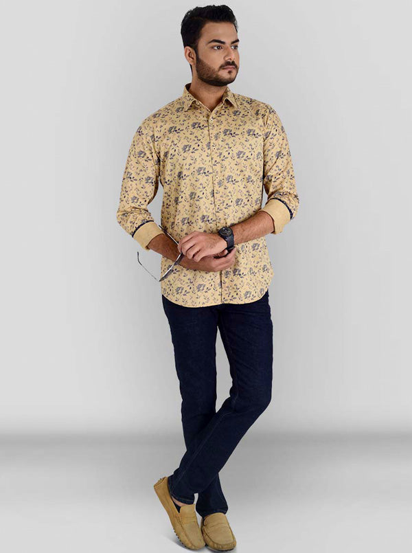 Light Khaki Printed Slim Fit Casual Shirt | JB Sport