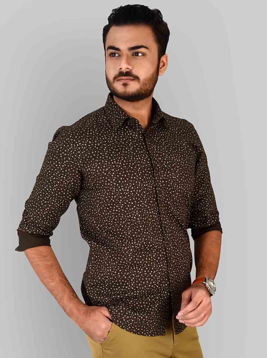 Mud Brown Printed Slim Fit Casual Shirt | JB Sport