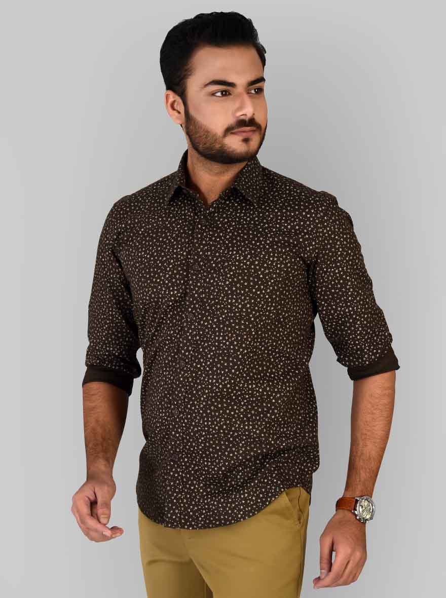 Mud Brown Printed Slim Fit Casual Shirt | JB Sport