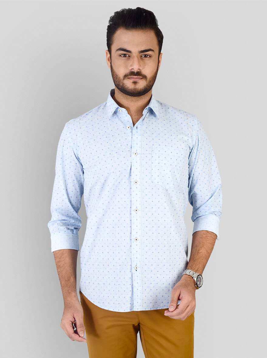 Sky Blue Printed Slim Fit Casual Shirt | JB Sport